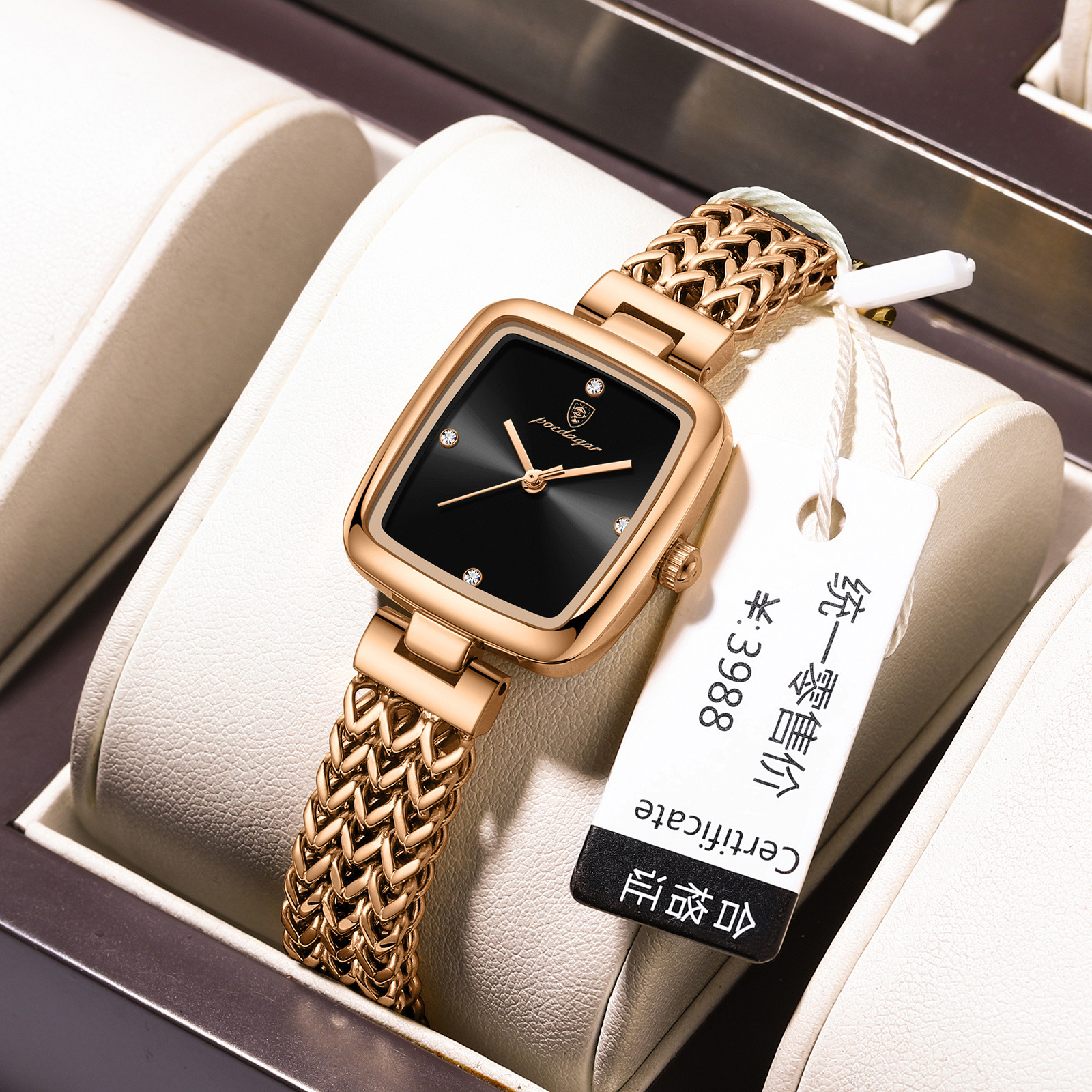 Rose-gold-tone bracelet watch with black dial